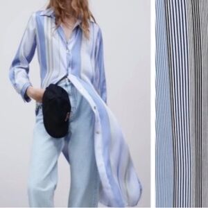 Zara Blue Satin Effect Belted Striped Midi Shirt Dress - Small - No Belt